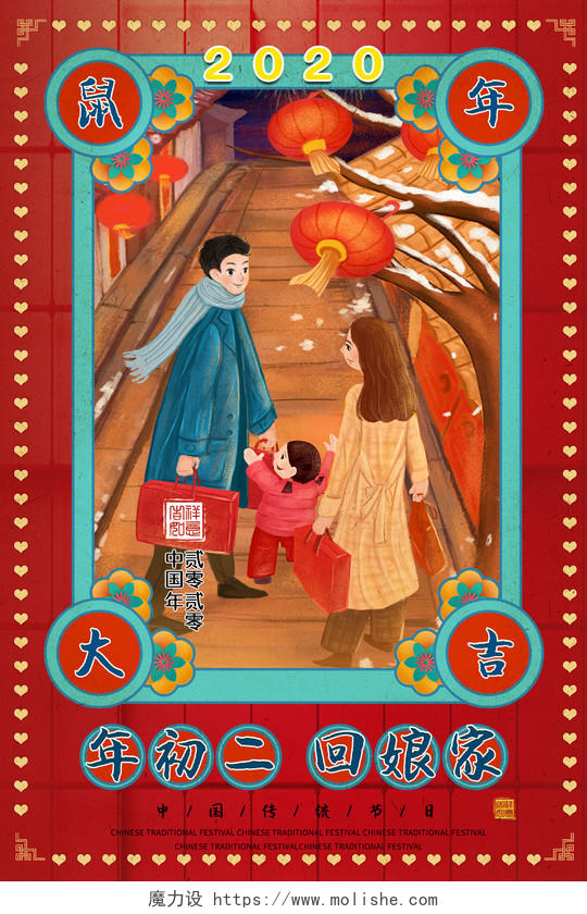 春节习俗2020鼠年初二回娘家插画传统民俗过新年海报大年初一至初七系列图5